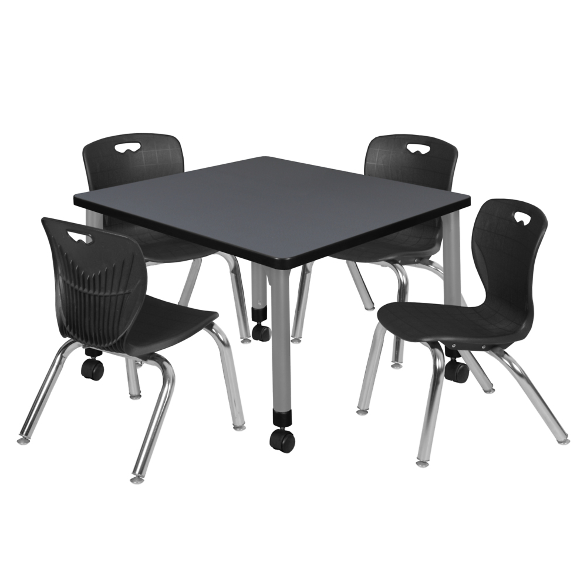 Regency Kee Mobile Adjustable Classroom Table Set — 30in. Square Table, 4 Black 12in. Andy Stack Chairs, Grey/Black, Model# TB3030GYAPCGY45BK